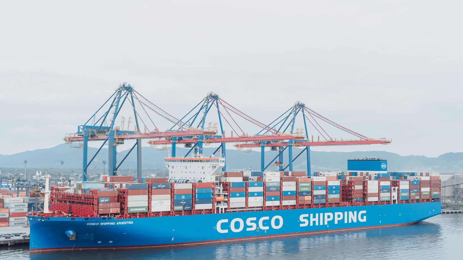 Un buque portacontenedores atracado bajo las grúas de un puerto.